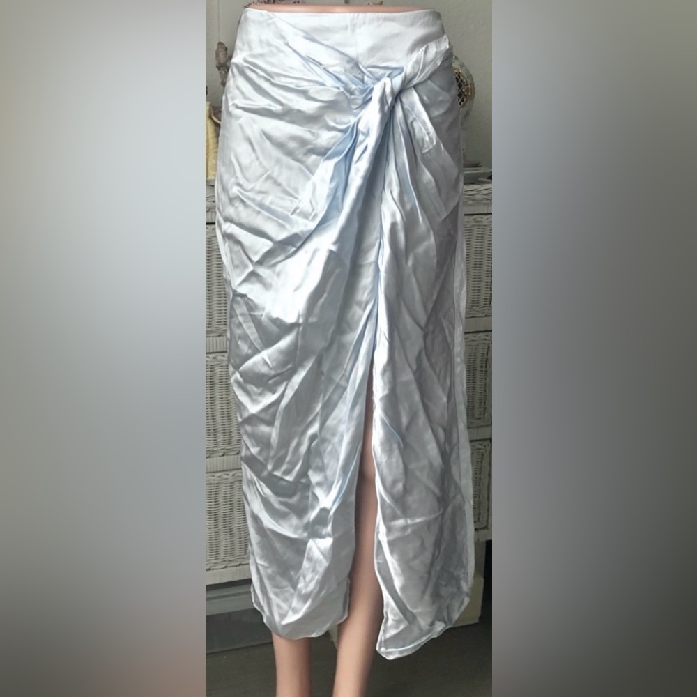 Adeam Powder Blue Satin Midi Skirt Ruche Accents Revealing Front Leg Slit size S